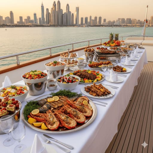 Dubai luxury yacht gourmet catering and dining.