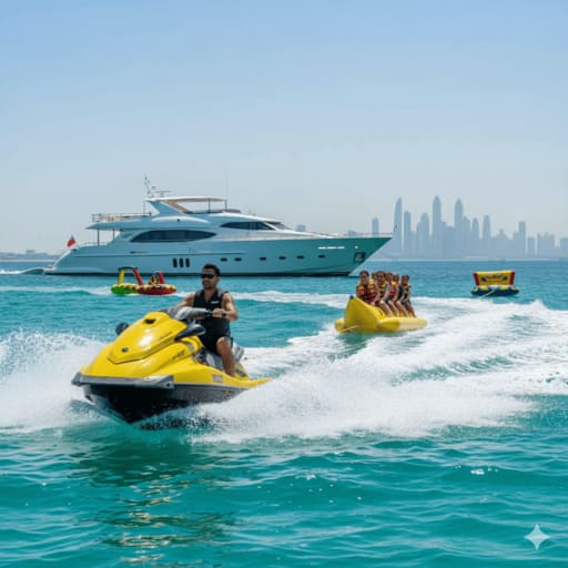 Premium luxury Dubai yacht watersports: jet ski, diving experiences.