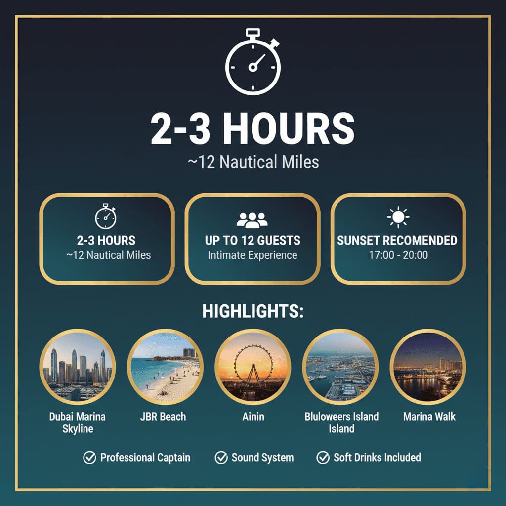 Experience Dubai Marina JBR beach yacht tour route.