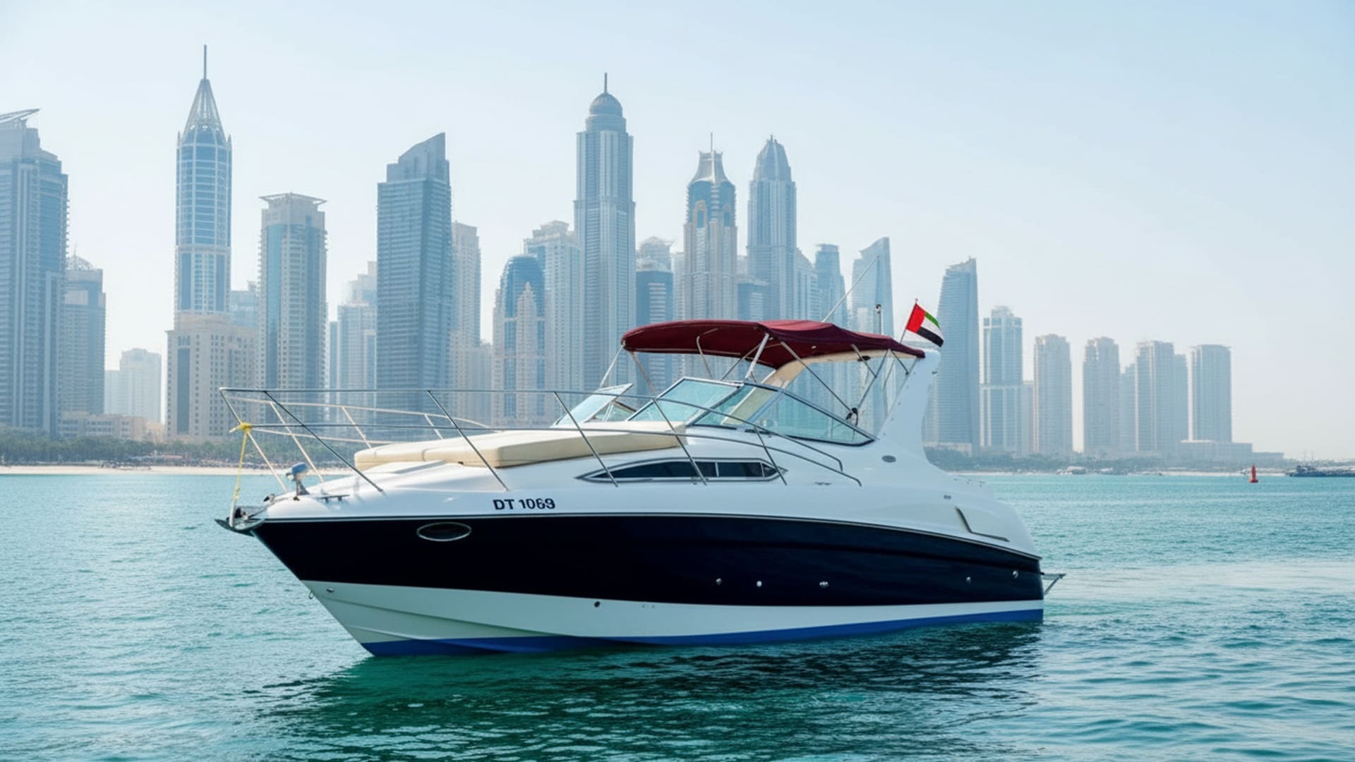 Sunrise Legend 33 ft luxury yacht docked in Dubai Marina