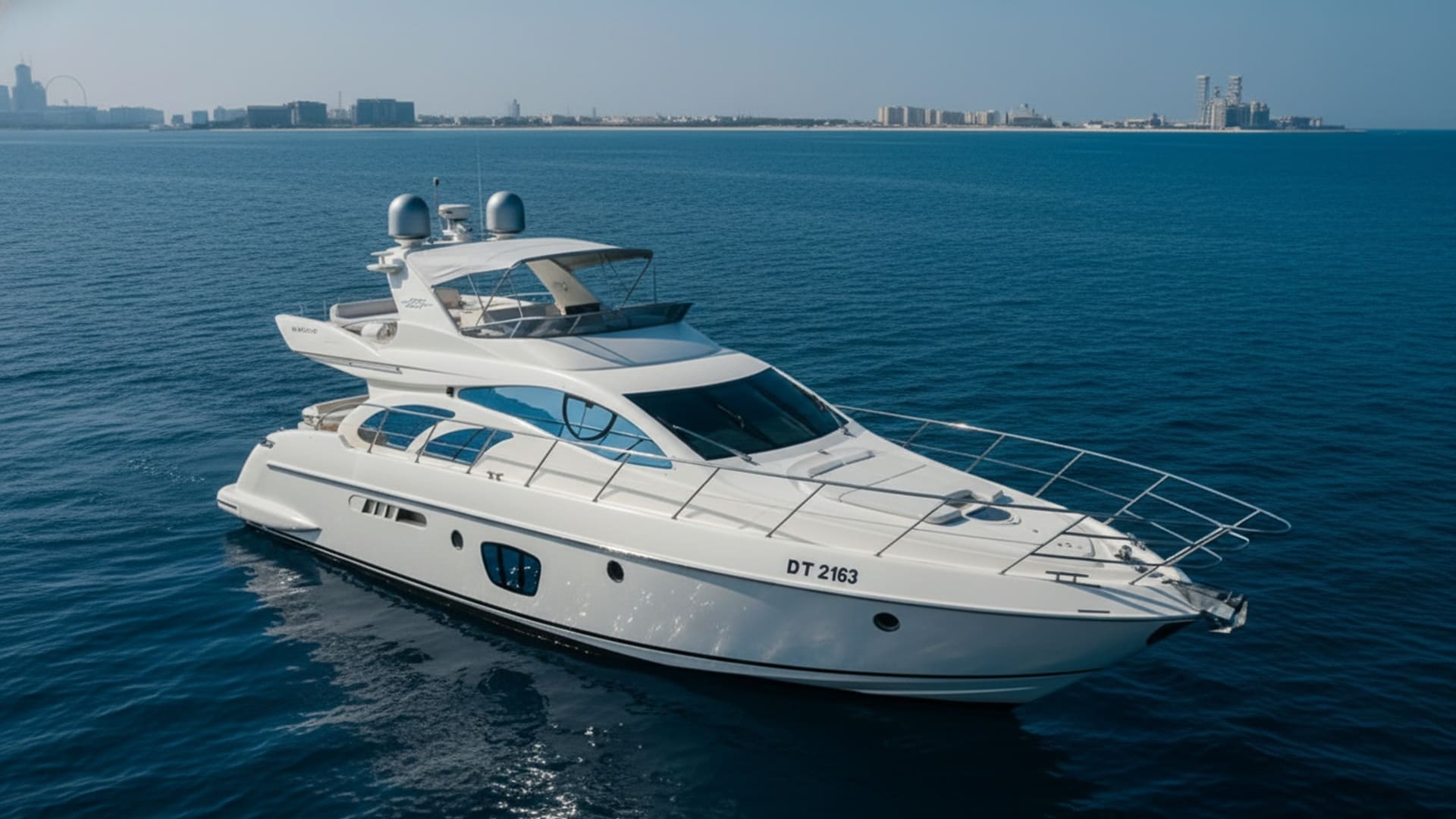 Aerial view of Emerald Destiny 55 ft premium yacht in Dubai