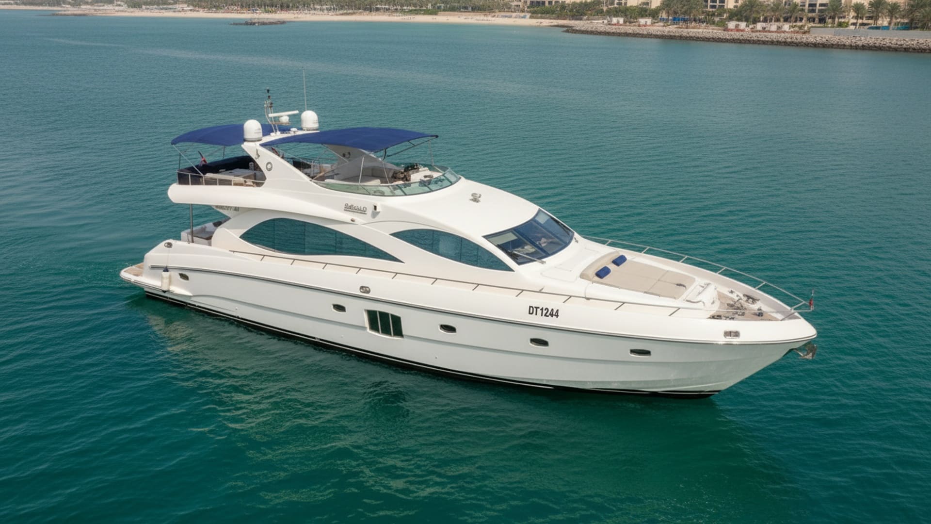 Noble Navigator 88 ft premium yacht aerial view, Dubai Marina