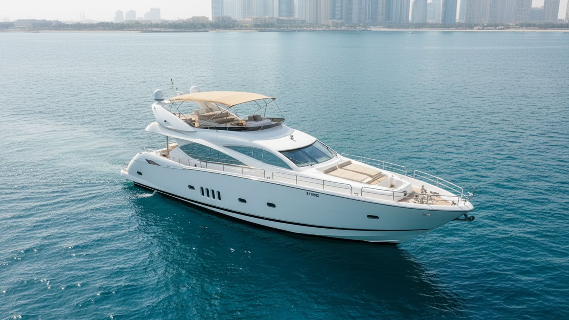 Aerial view of Starlight Adventurer 82 ft yacht cruising Dubai waters